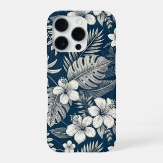 Navy Blue Hibiscus Monstera Tropical Botanical iPhone 16 Pro Hoesje