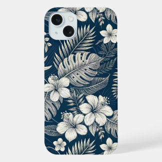 Navy Blue Hibiscus Monstera Tropical Botanical iPhone 15 Plus Case