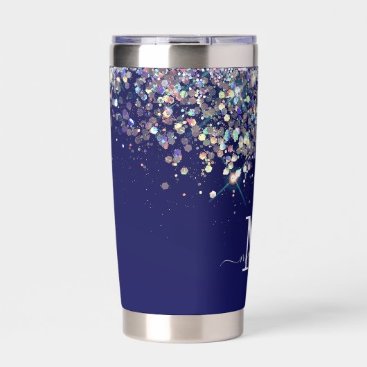 Navy Blue Holographic Silver Glitters Monogram Geïsoleerde Drinkbeker (Voorkant)