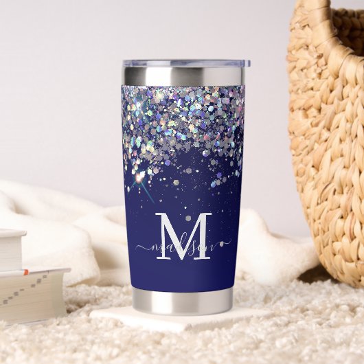 Navy Blue Holographic Silver Glitters Monogram Geïsoleerde Drinkbeker (Woonkamer)