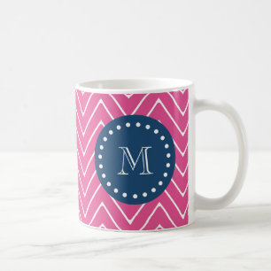 Navy Blue, Hot Pink Chevron Pattern, uw monogram Koffiemok