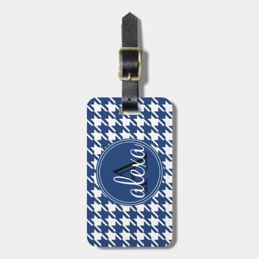Navy Blue Houndstooth Monogram Bagagelabel (Voorkant verticaal)