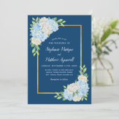 Navy Blue Hydrangea White Roses Gold Wedding Kaart (Staand voorkant)