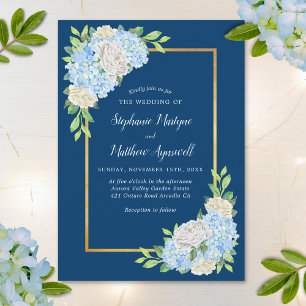 Navy Blue Hydrangea White Roses Gold Wedding Kaart