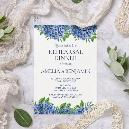 Navy Blue Hydrangea Wood Wedding Rehearsal Dinner Kaart