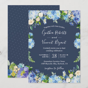 Navy Blue Hydrangeas Floral Romantic Wedding Kaart