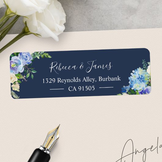 Navy Blue Hydrangeas Waterverf Bloom Floral Etiket