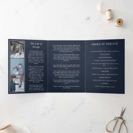 Navy Blue in Loving Memory Photo Funeral Drieluik Programma (Binnen)