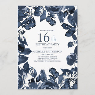 Navy Blue Indigo Bladeren 16e Verjaardag Kaart