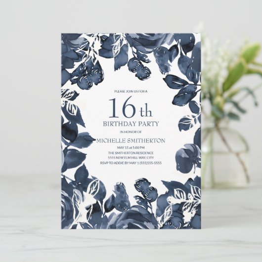 Navy Blue Indigo Leaves 16th Birthday Kaart (Staand voorkant)