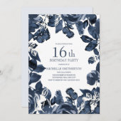 Navy Blue Indigo Leaves 16th Birthday Kaart (Voorkant / Achterkant)