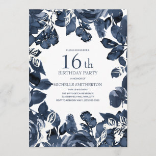Navy Blue Indigo Leaves 16th Birthday Kaart
