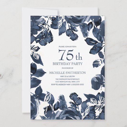 Navy Blue Indigo Leaves 75th Birthday Kaart (Voorkant)