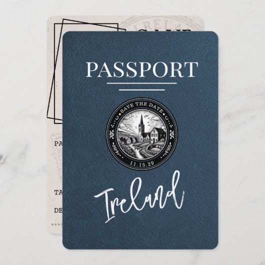Navy Blue Ireland Passport Bewaar de datum Save The Date (Voorkant / Achterkant)