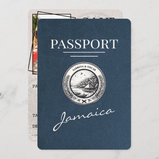 Navy Blue Jamaica Passport Bewaar de datum Save The Date (Voorkant / Achterkant)