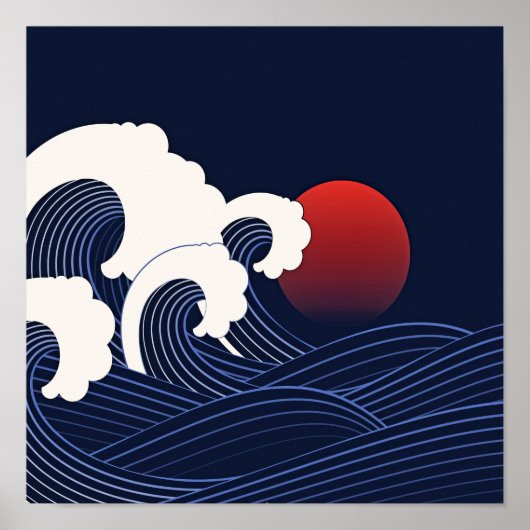 Navy Blue Japanse golven met Red Moon-tekening Poster (Voorkant)