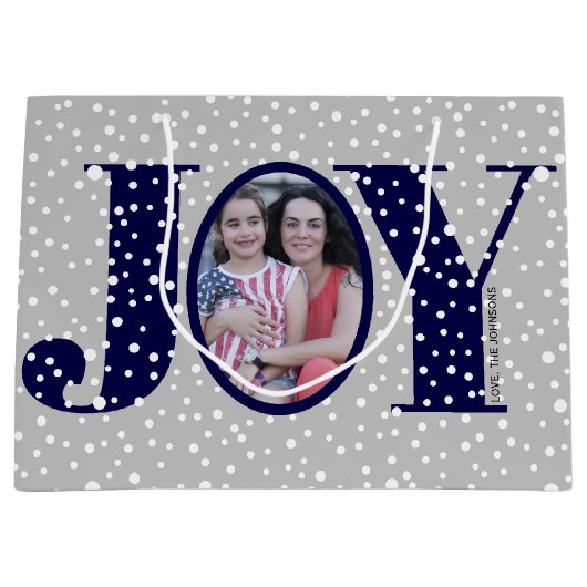 Navy blue JOY en sneeuwvlokken twee foto-kerstdage Groot Cadeauzakje (Voorkant)