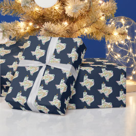 Navy Blue Joy Holiday Leaves Texas Shape Cadeaupapier