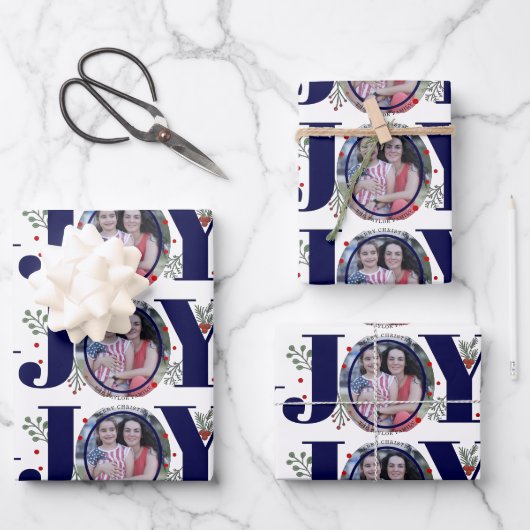 Navy blue Joy met kerstfeestfoto's Inpakpapier Vel (Voorkant)