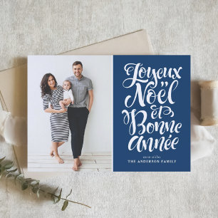Navy Blue Joyeux Noël et Bonne Année Script Foto Feestdagen Kaart