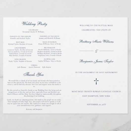 Navy Blue katholieke Wedding Mass Ceremony Program (Voorkant)