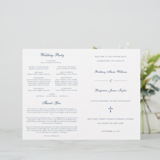 Navy Blue katholieke Wedding Mass Ceremony Program (Staand voorkant)