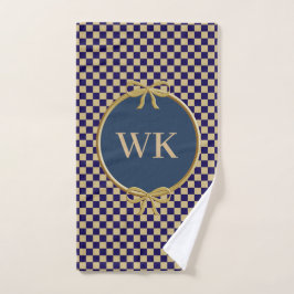 Navy Blue & Khaki Brown Checks & Monogram Handdoek