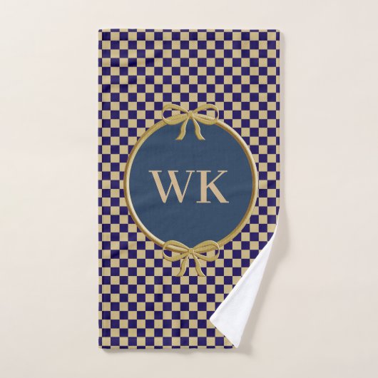 Navy Blue & Khaki Brown Checks & Monogram Handdoek (Handdoek)