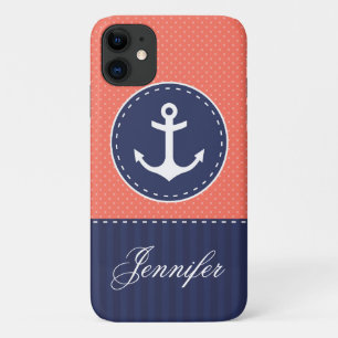 Navy Blue Koraal Roze Patroon Anker Aanpasbaar iPhone 11 Hoesje