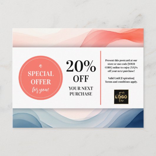 Navy Blue Koraal Waterverf Coupon Korting Briefkaart (Voorkant)