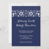 Navy Blue Lace Monogram Weddenschap Kaart (Voorkant)