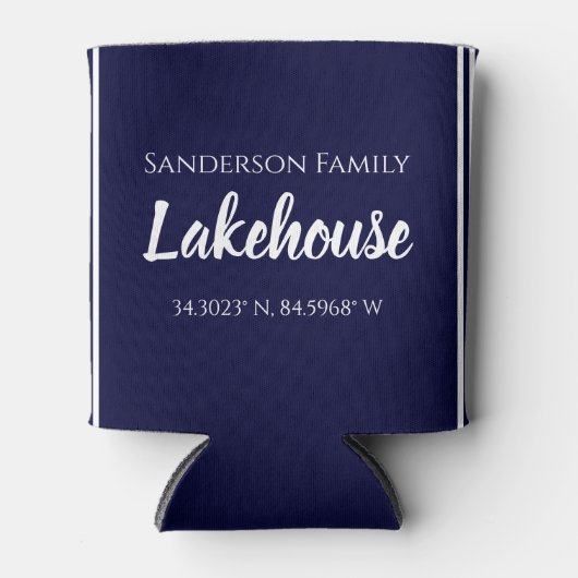 Navy Blue Lakehouse Familienaam Map Coordinates Blikjeskoeler (Voorkant)