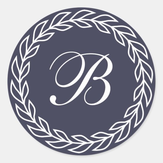 Navy Blue Laurel krans met aangepaste monogram Ronde Sticker (Voorkant)