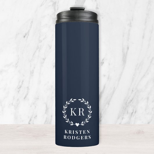 Navy Blue Laurel Wreath Crest Monogram Thermosbeker