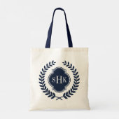 Navy-Blue Laurel Wreath Crest Wit Monogram Tote Bag (Achterkant)