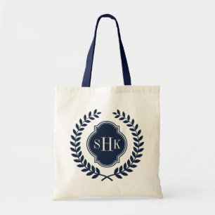 Navy-Blue Laurel Wreath Crest Wit Monogram Tote Bag