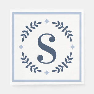 Navy Blue Laurel Wreath Monogram Servet