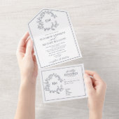 Navy Blue Leafy Crest Monogram Weddenschap All In One Uitnodiging (Afscheurbaar)