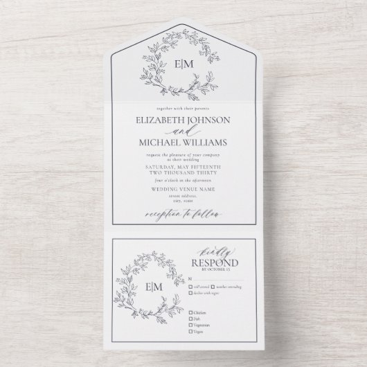 Navy Blue Leafy Crest Monogram Weddenschap All In One Uitnodiging (Binnen)