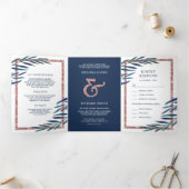 Navy Blue Leaves Branch Roos Gold Glitter Bruiloft Drieluik Uitnodiging (Binnen)
