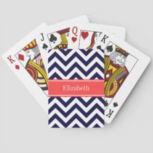 Navy Blue Lg Chevron Coral Red Name Monogram Speelkaarten