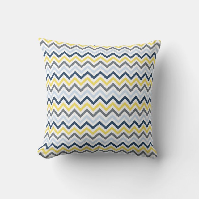 Navy Blue, Light Blue, Yellow en Grey Chevron Kussen (Voorkant)