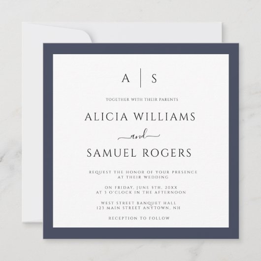 Navy Blue Lijst Monogram Wedding Invitations Kaart (Voorkant)