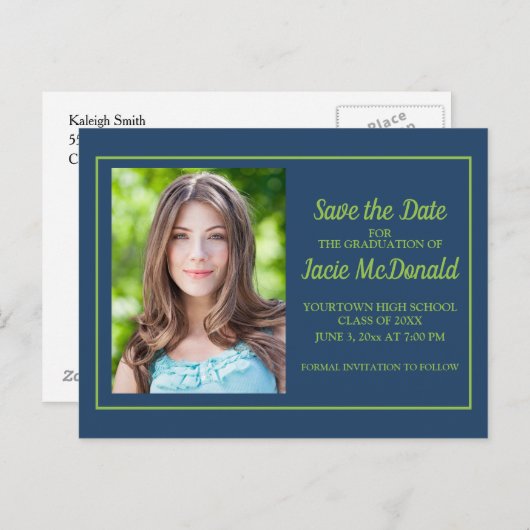Navy Blue Lime Green Afstuderen Save the Date Aankondigingskaart (Voorkant / Achterkant)