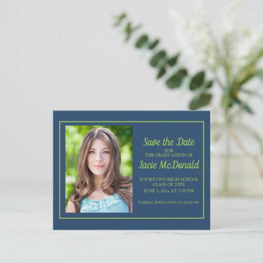 Navy Blue Lime Green Afstuderen Save the Date Aankondigingskaart (Staand voorkant)