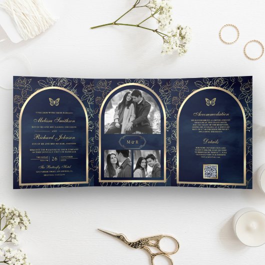Navy Blue Line Art Gold Arch Butterfly Wedding Drieluik Uitnodiging