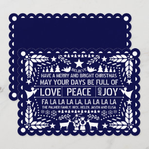 Navy blue Love Peace Joy papel picado Kerstmis Feestdagenkaart