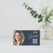Navy Blue Luxury Real Estate Agent QR Code Photo Visitekaartje (Staand voorkant)