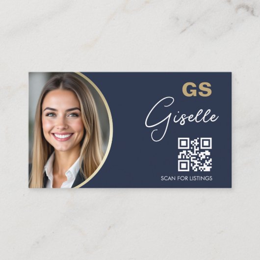 Navy Blue Luxury Real Estate Agent QR Code Photo Visitekaartje (Voorkant)