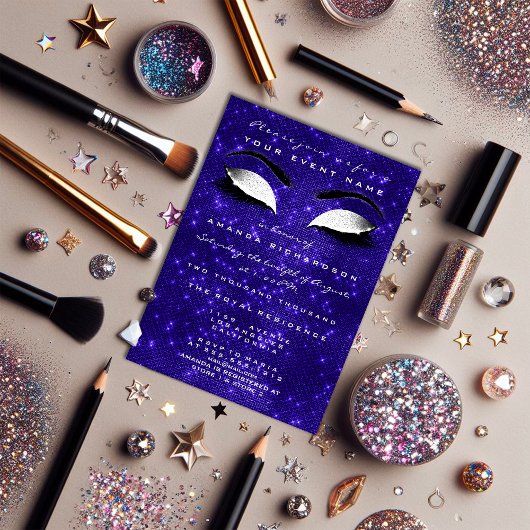 Navy Blue Makeup White Sparkly Glitter 16th Bridal Kaart